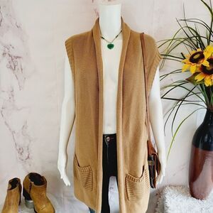 August Silk soft knit Carmel color sleeveless cardigan